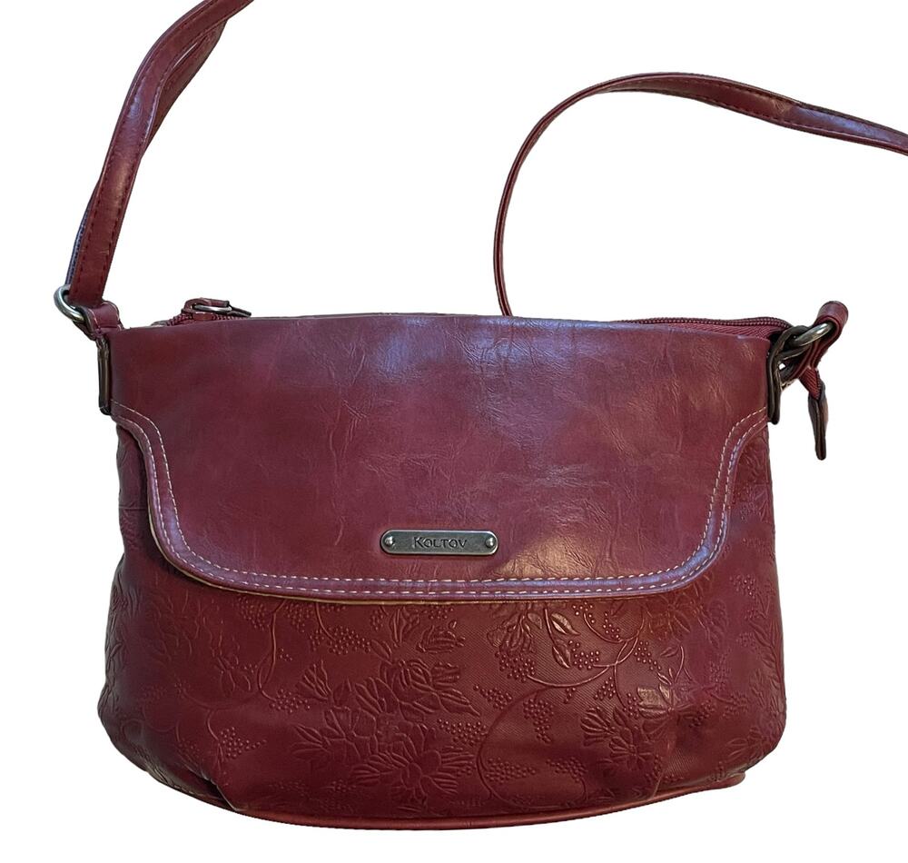 Koltov Faux Leather Crossbody Bag Womens Burgundy Red Floral Embossed Purse